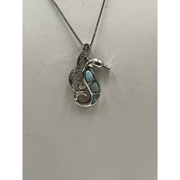 Blue Larimar and CZ Sterling Silver Seahorse Sea Life Caribbean Blue Necklace - Picture 3 of 12